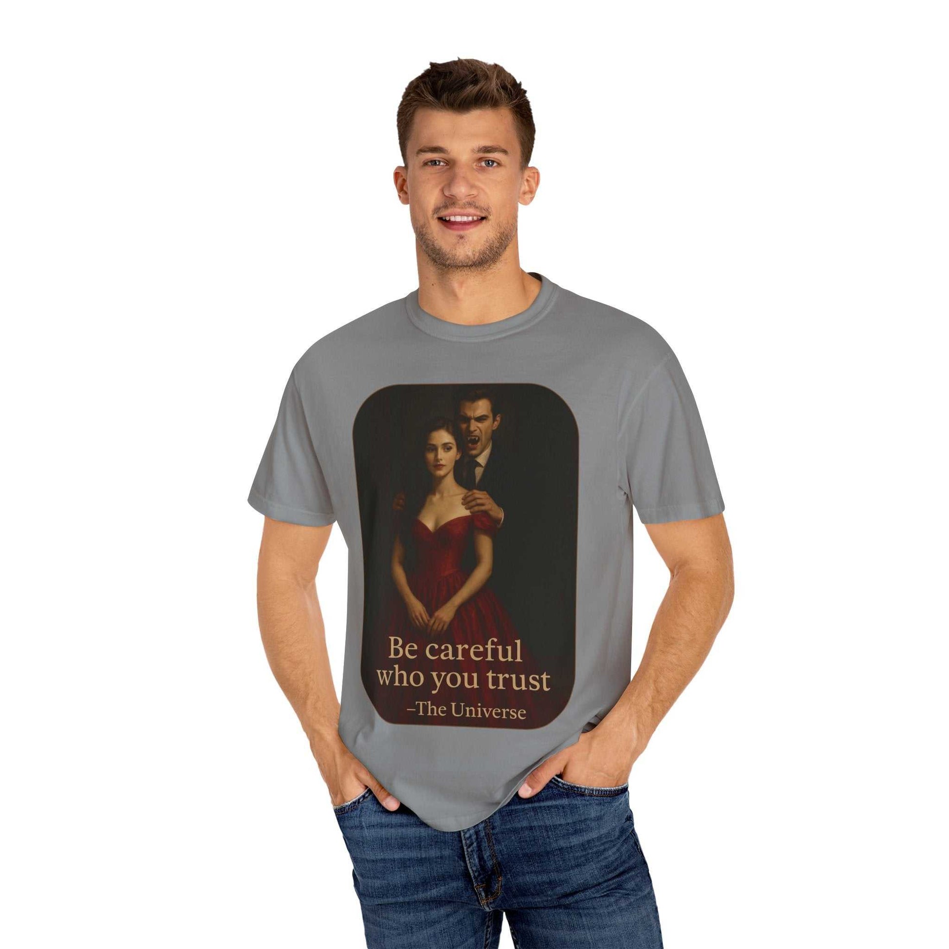Man wearing gray Vampire Graphic T-Shirt with gothic vampire and woman design and text "Be careful who you trust"