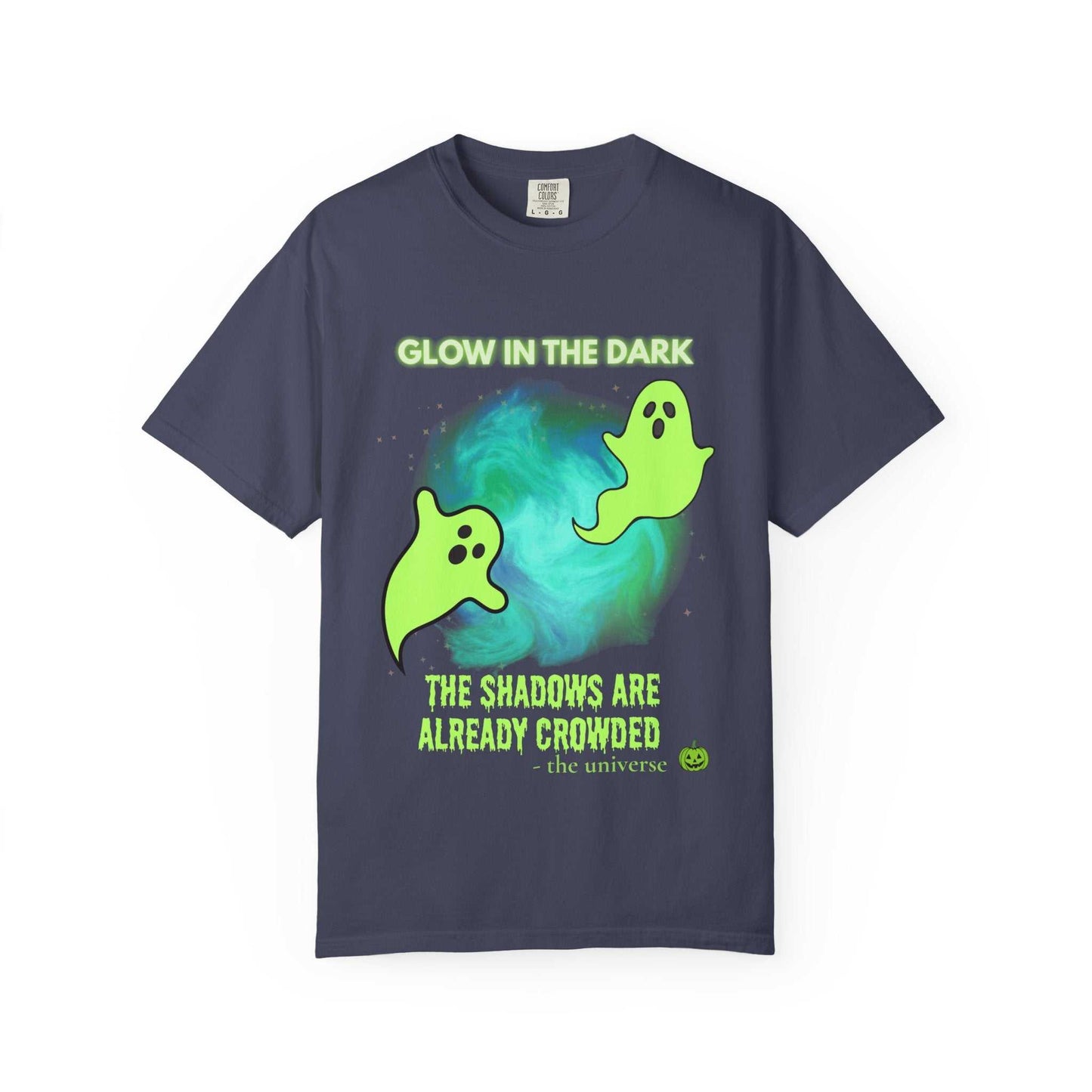 A dark blue t-shirt with a glow-in-the-dark ghost design and spooky text.