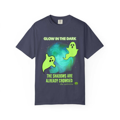 A dark blue t-shirt with a glow-in-the-dark ghost design and spooky text.