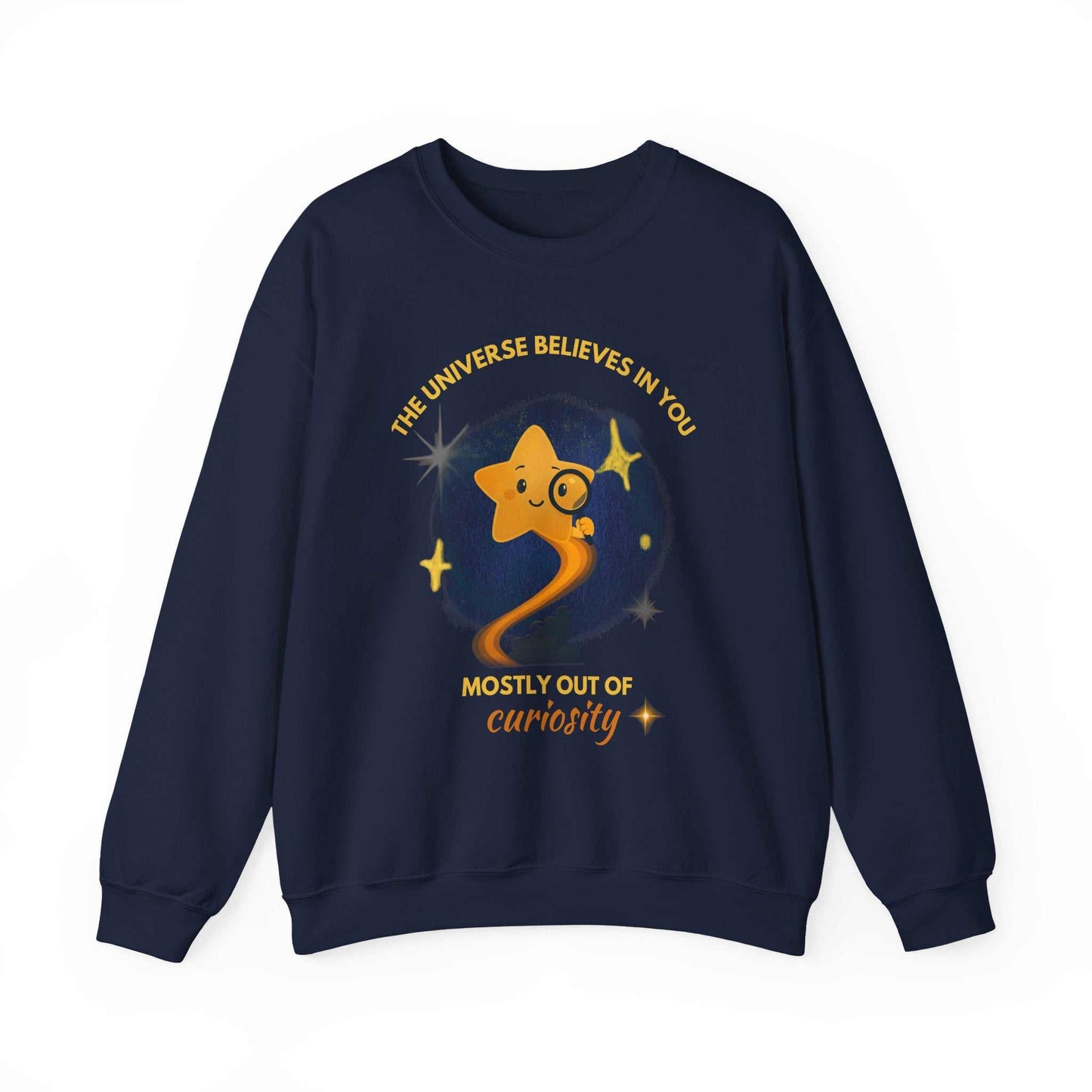 A navy sweatshirt with a graphic of a star looking through a magnifying glass and text about curiosity.