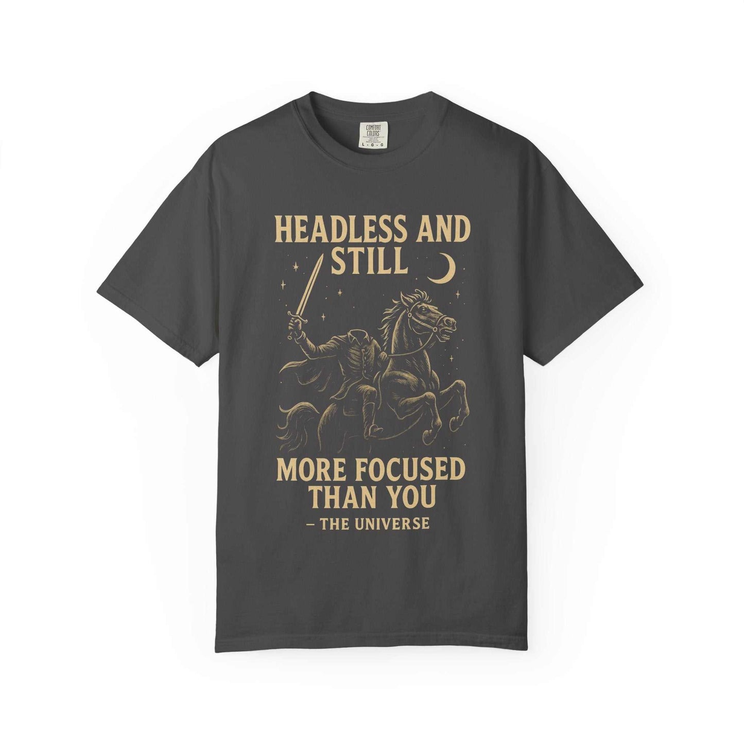 Gray Headless Horseman shirt with motivational Halloween design and eco-friendly print