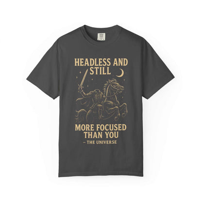 Gray Headless Horseman shirt with motivational Halloween design and eco-friendly print