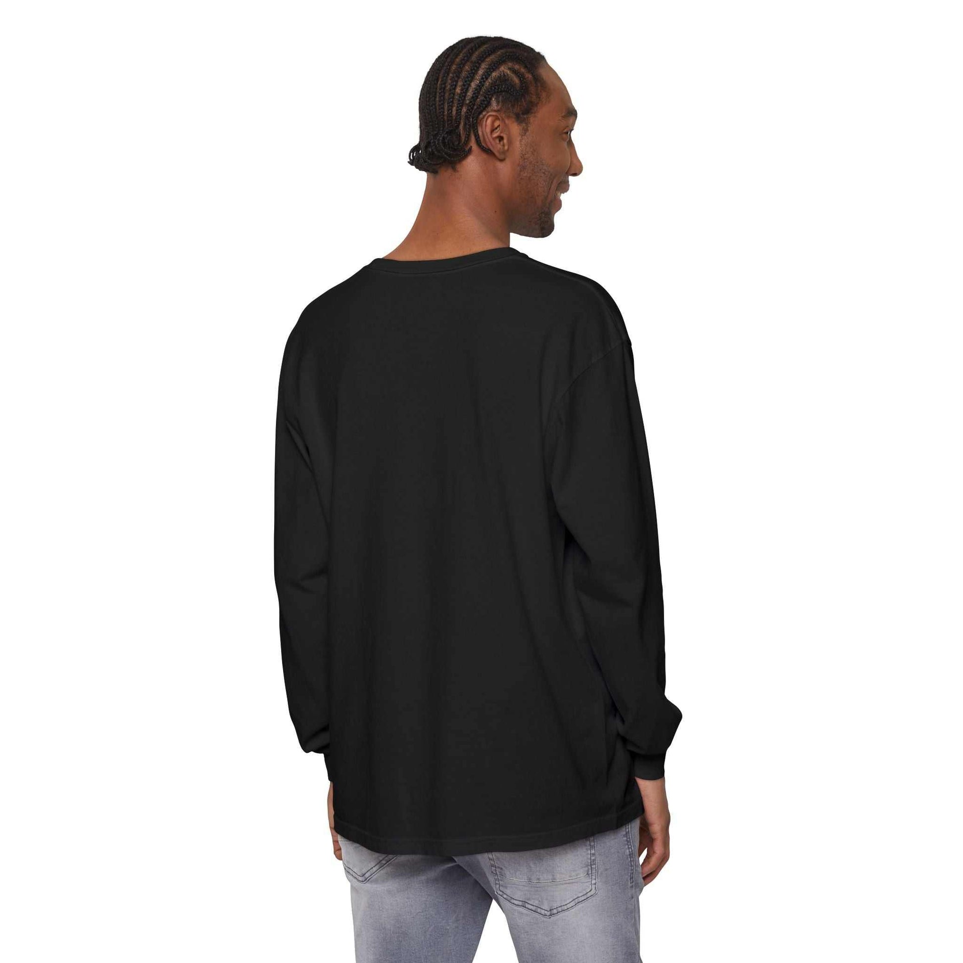 man wearing black Comfort Colors® long sleeve tee ready for battle graphic t-shirt back view