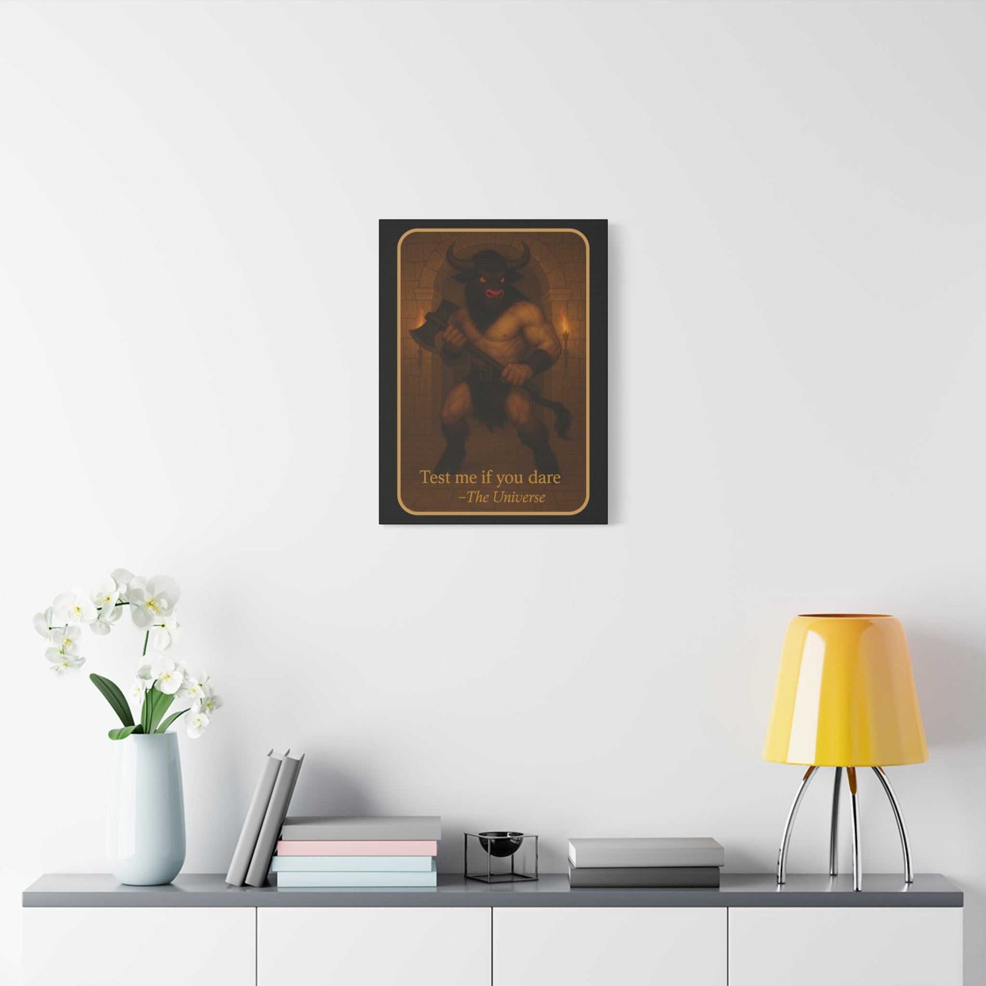 Minotaur wall art print above minimalist shelf with flowers, books, and yellow lamp, Youniverses home decor