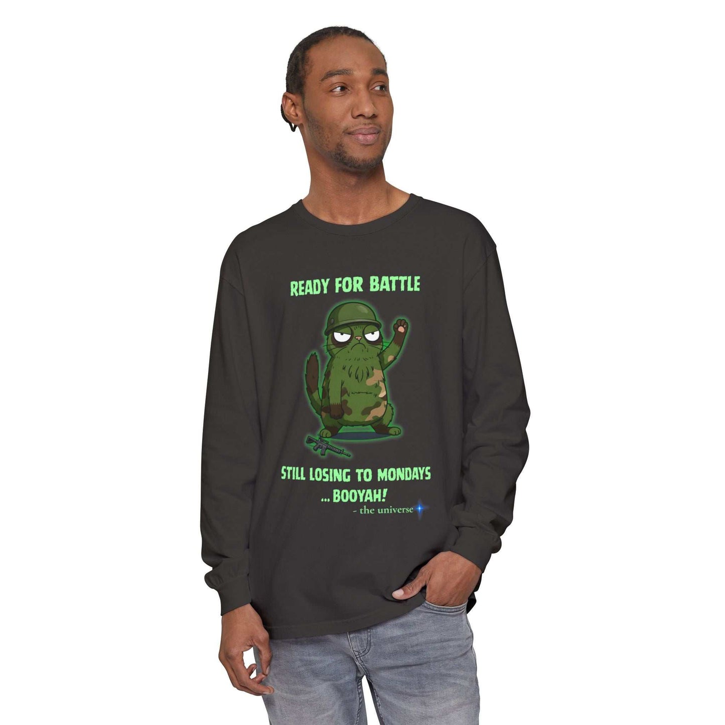 Man wearing black Comfort Colors long sleeve tee with "Ready for Battle" and cartoon cactus graphic