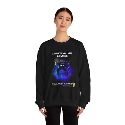 Funny Detective Sweatshirt – “It’s Almost Suspicious” Cosmic Crewneck, Unisex Black Pullover, Sarcastic Universe Gift for Mystery Lovers