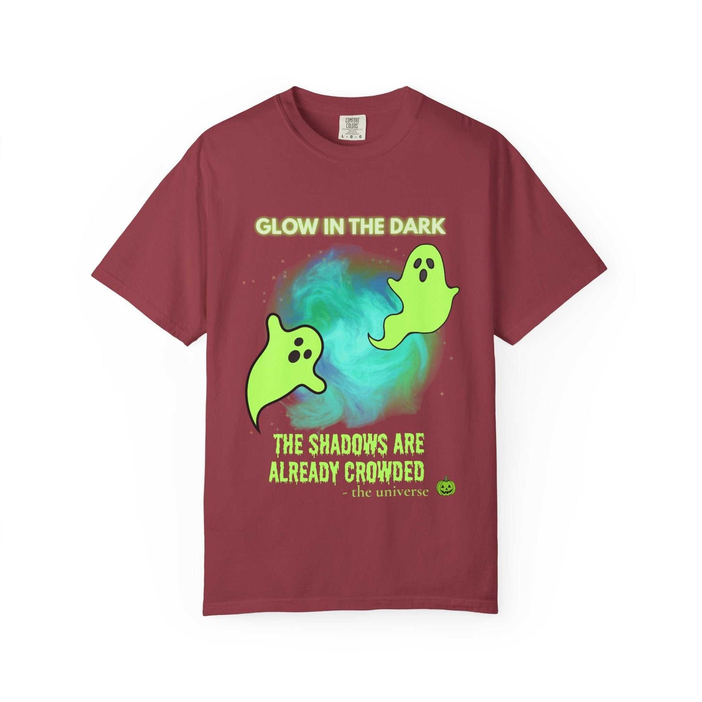 Maroon t-shirt with glow-in-the-dark ghosts and text.
