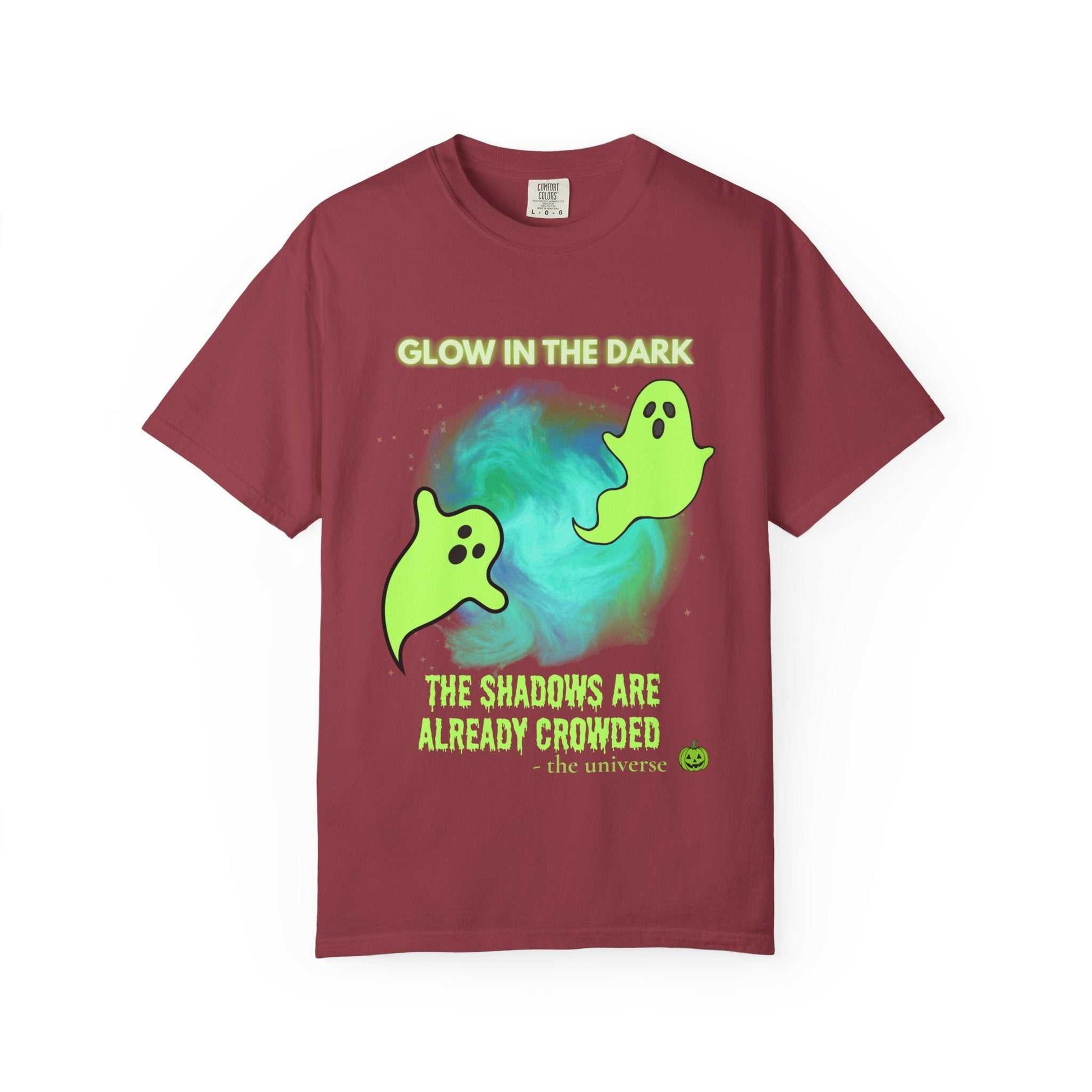 Maroon t-shirt with glow-in-the-dark ghosts and text.