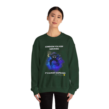 Funny Detective Sweatshirt – “It’s Almost Suspicious” Cosmic Crewneck, Unisex Black Pullover, Sarcastic Universe Gift for Mystery Lovers