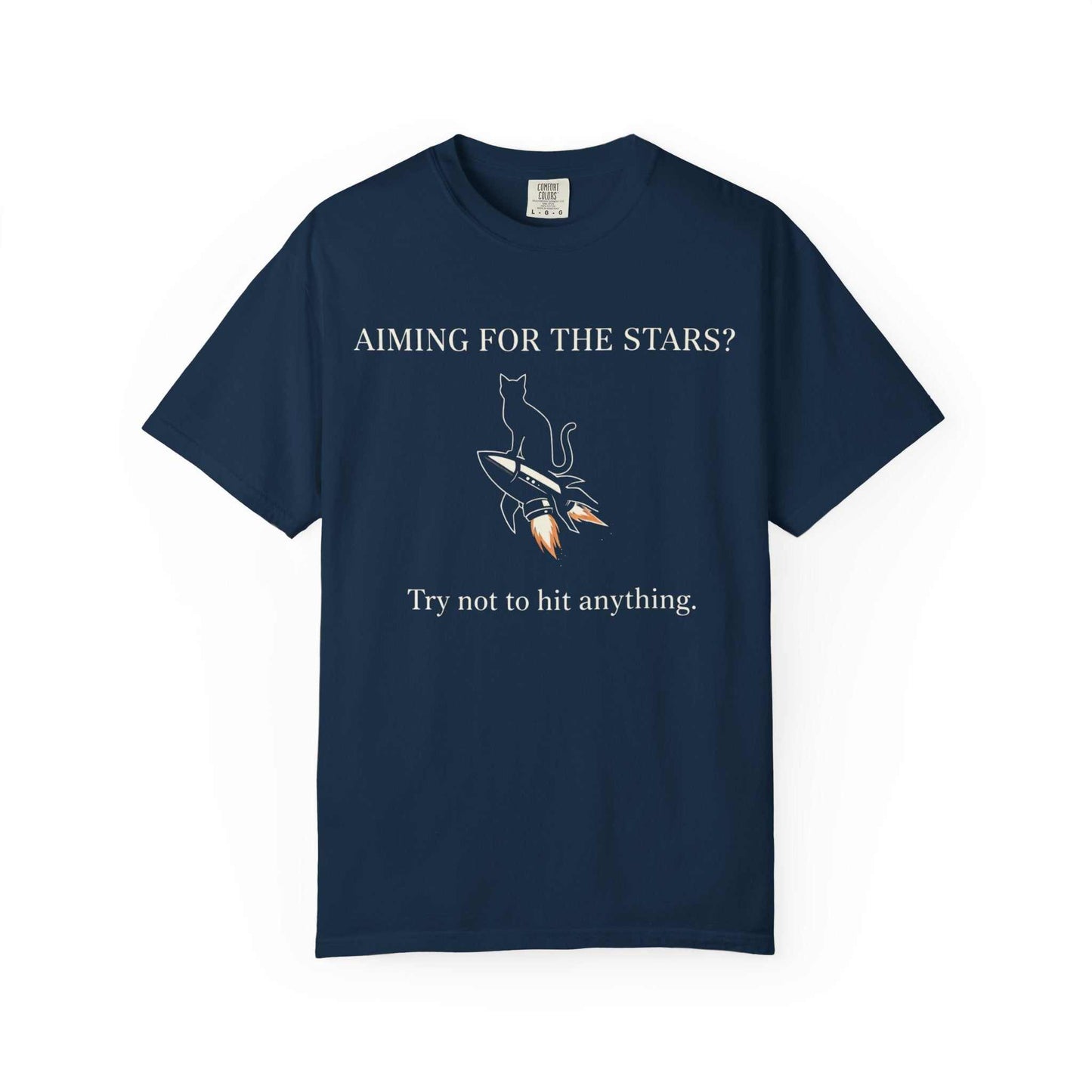Navy Comfort Colors cotton t-shirt with cat on rocket design and 'Aiming for the stars?' text.
