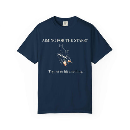 Navy Comfort Colors cotton t-shirt with cat on rocket design and 'Aiming for the stars?' text.