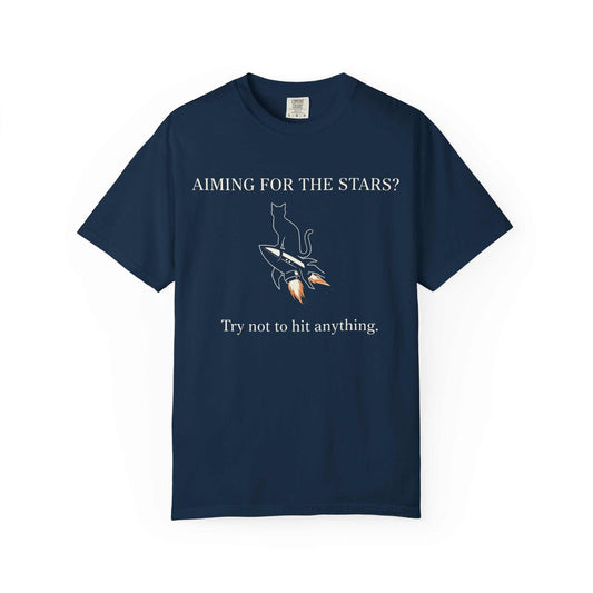 Navy Comfort Colors cotton t-shirt with cat on rocket design and 'Aiming for the stars?' text.