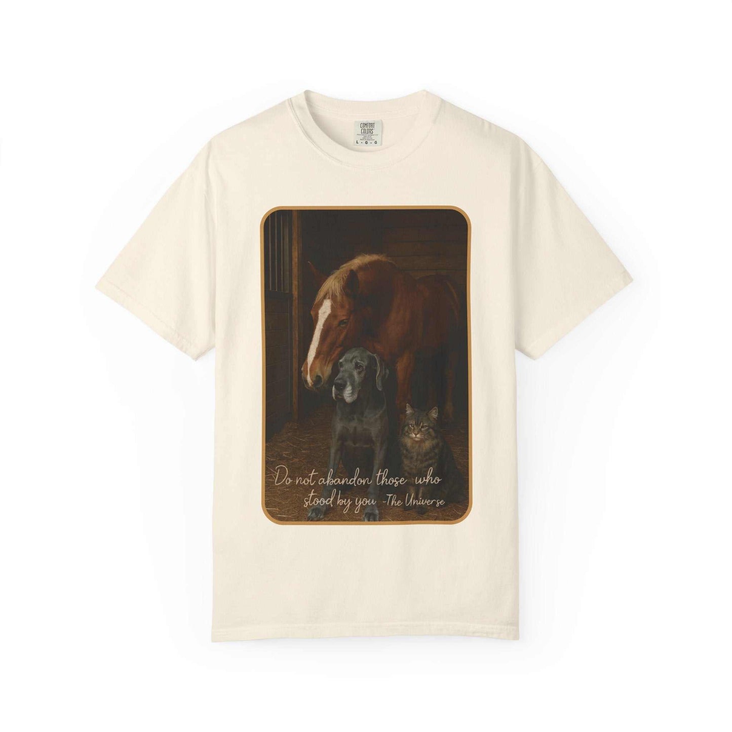 Comfort Colors animal rescue graphic tee with horse, dog, cat and inspirational quote