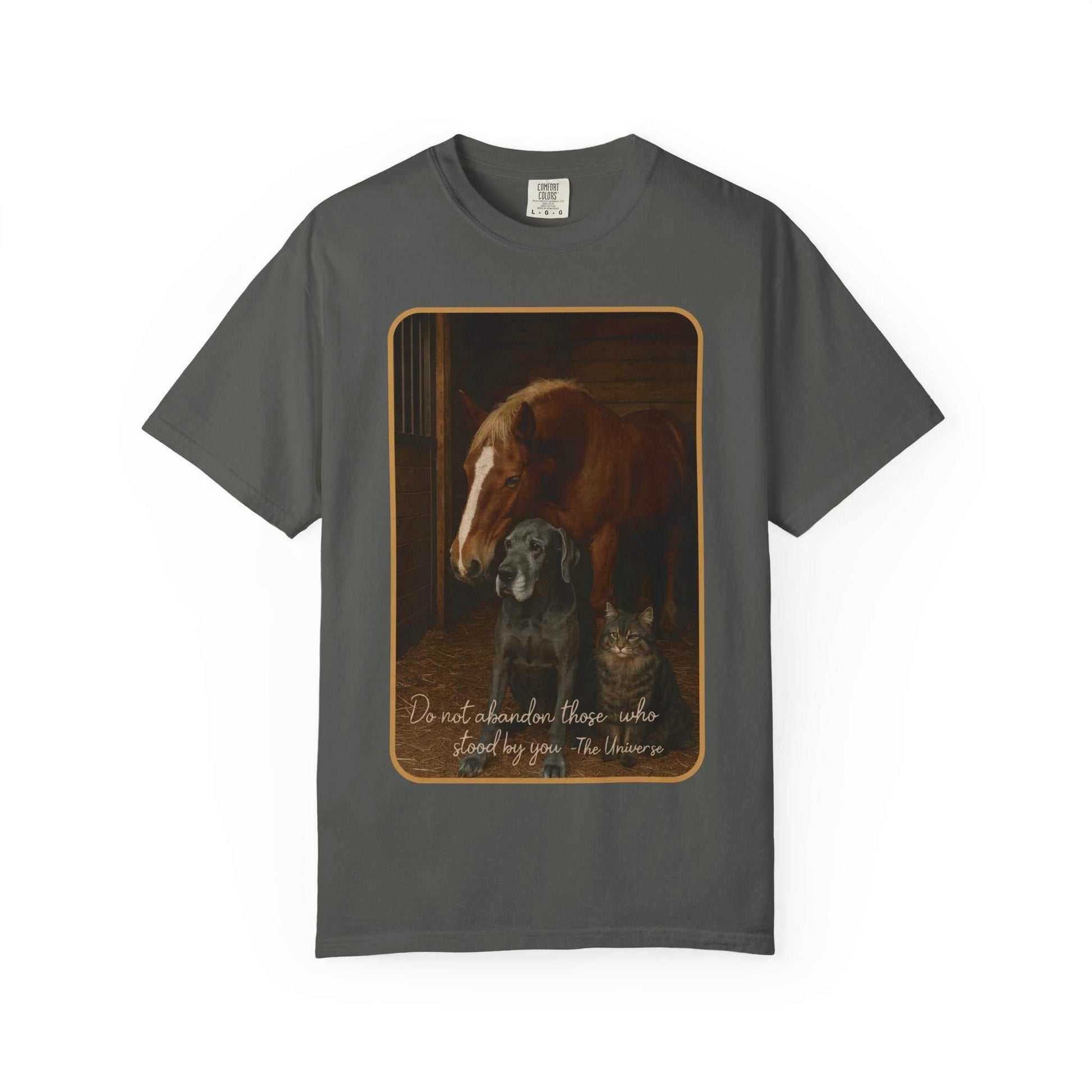 Comfort Colors Animal Rescue Graphic T-Shirt with horse, dog, and cat illustration, Youniverses