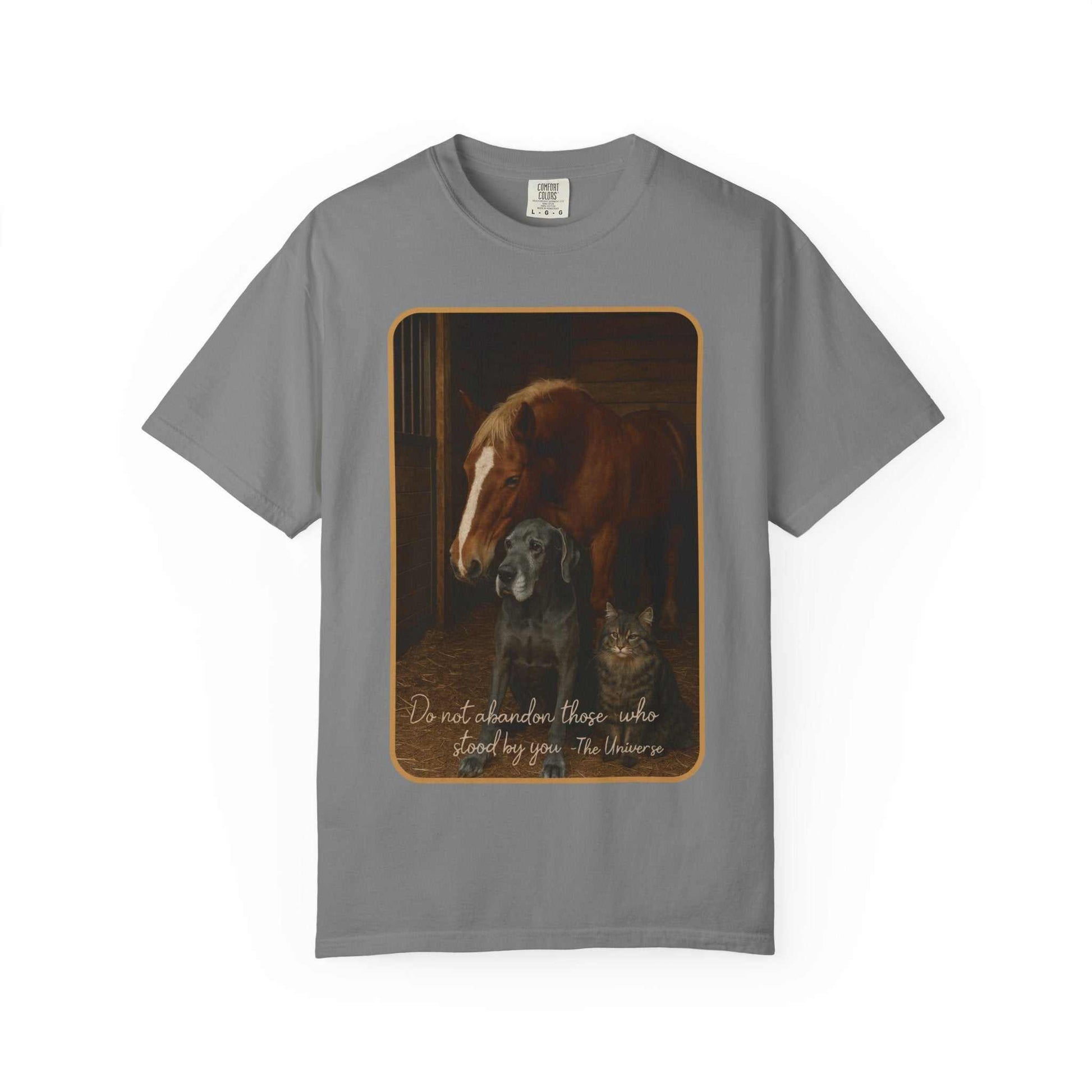 Grey Comfort Colors T-shirt with animal rescue design featuring horse, dog, cat, and rescue quote