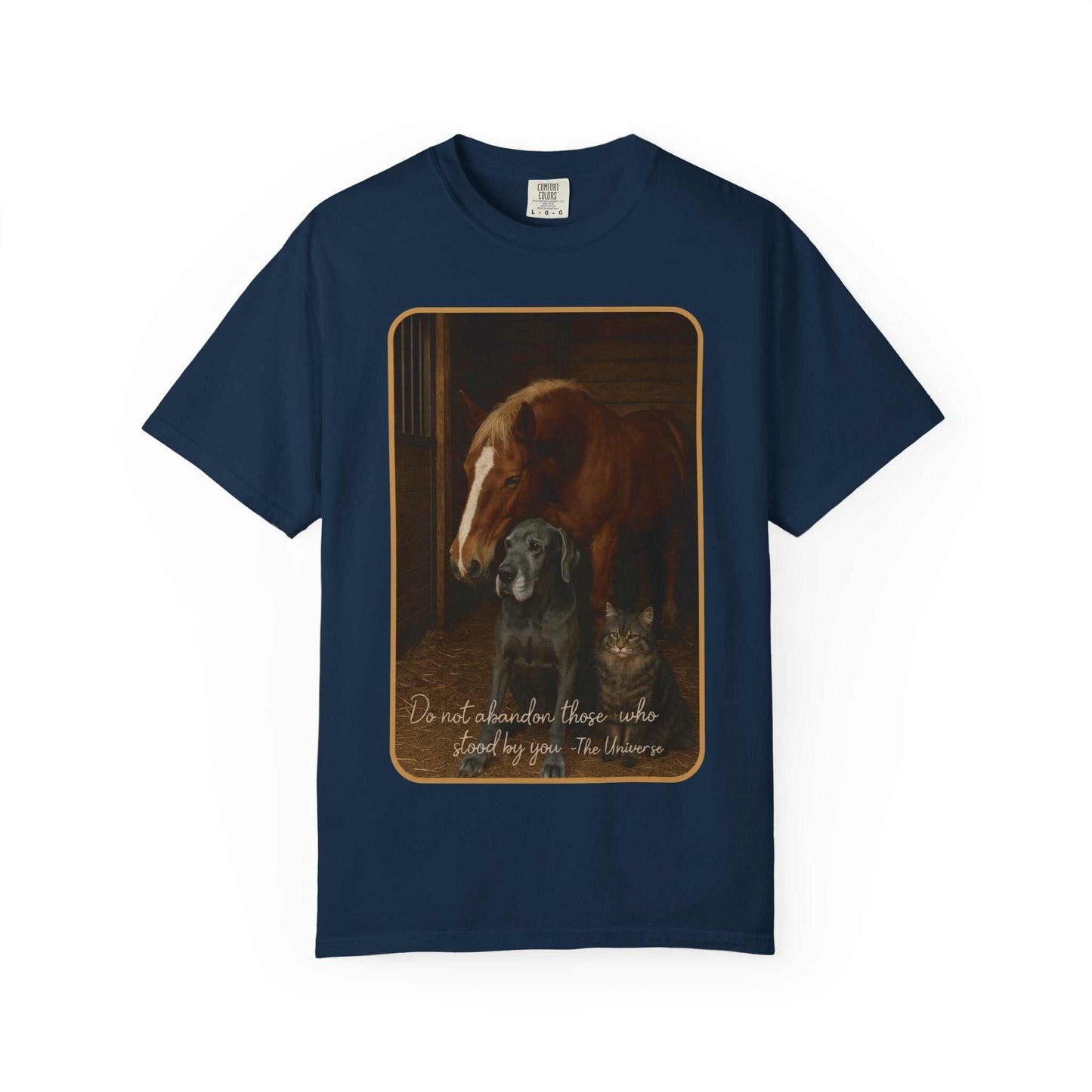 Navy Comfort Colors animal rescue graphic t-shirt featuring a horse, dog, and cat illustration.
