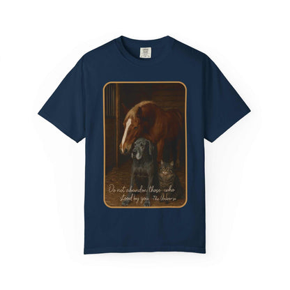 Navy Comfort Colors animal rescue graphic t-shirt featuring a horse, dog, and cat illustration.