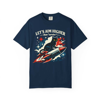 Retro graphic tee with black cat on rocket, stars, and 'Let's Aim Higher' slogan by Youniverses