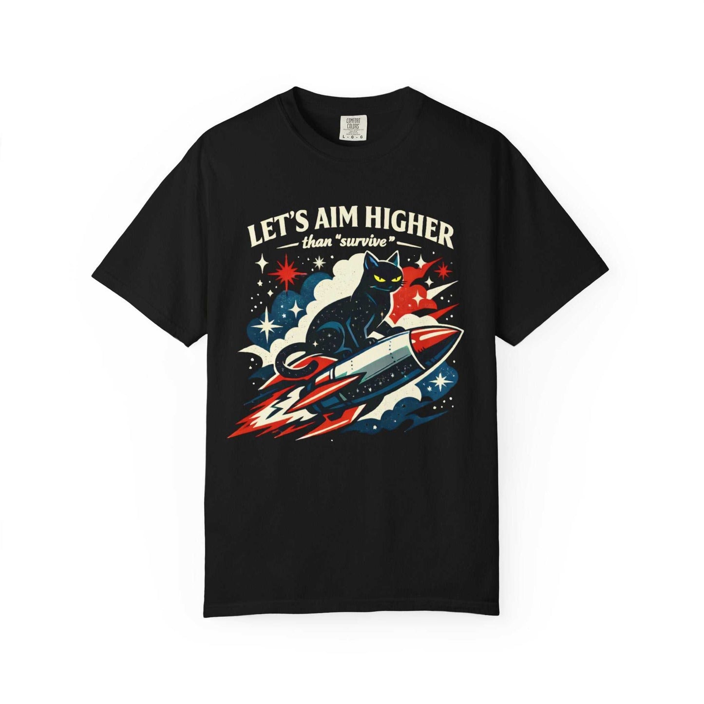 Retro black cat graphic t-shirt with 'Let's Aim Higher' rocket space design, Youniverses apparel