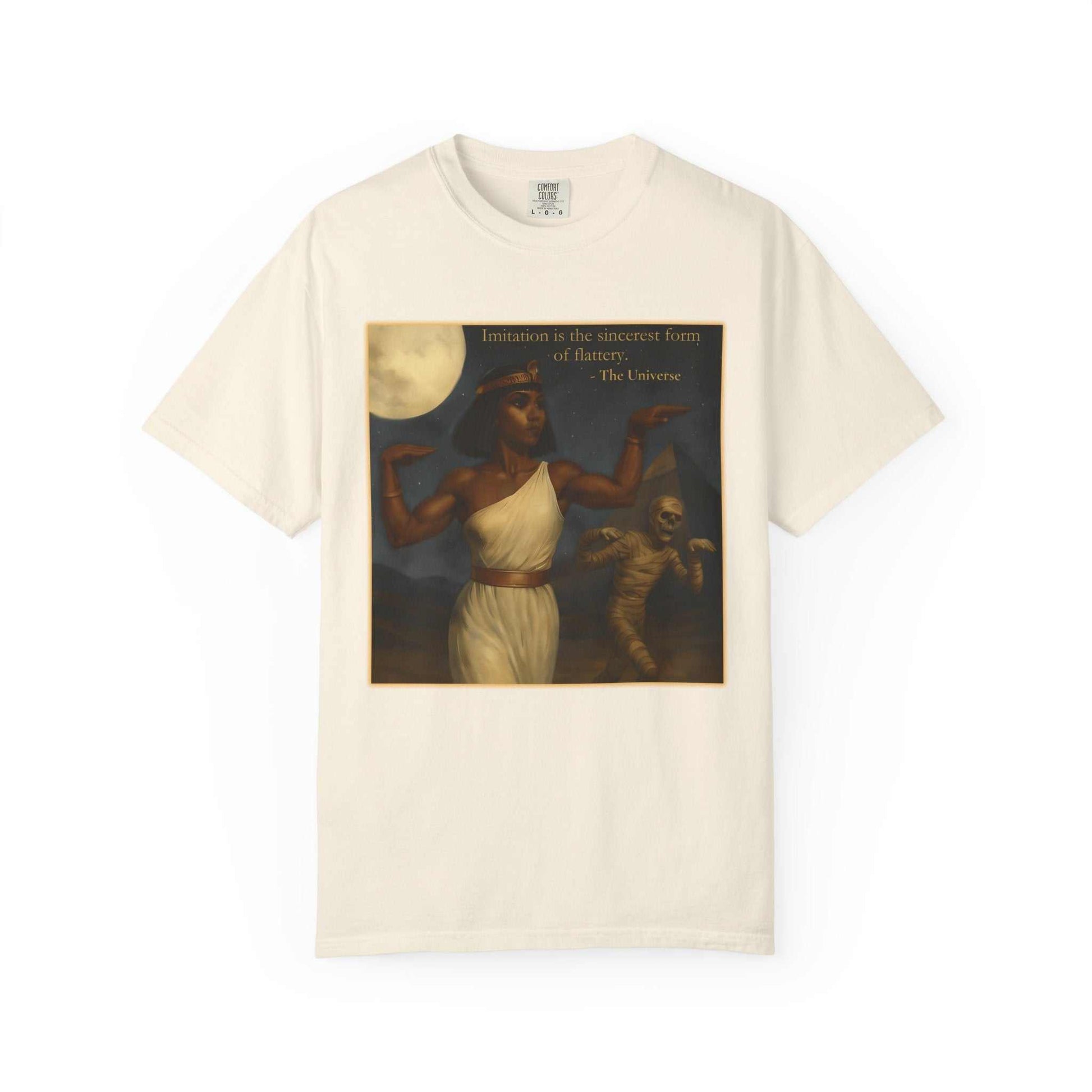 Vintage graphic t-shirt with Egyptian queen and mummy under moon, Comfort Colors, Youniverses
