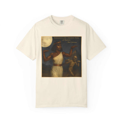 Vintage graphic t-shirt with Egyptian queen and mummy under moon, Comfort Colors, Youniverses