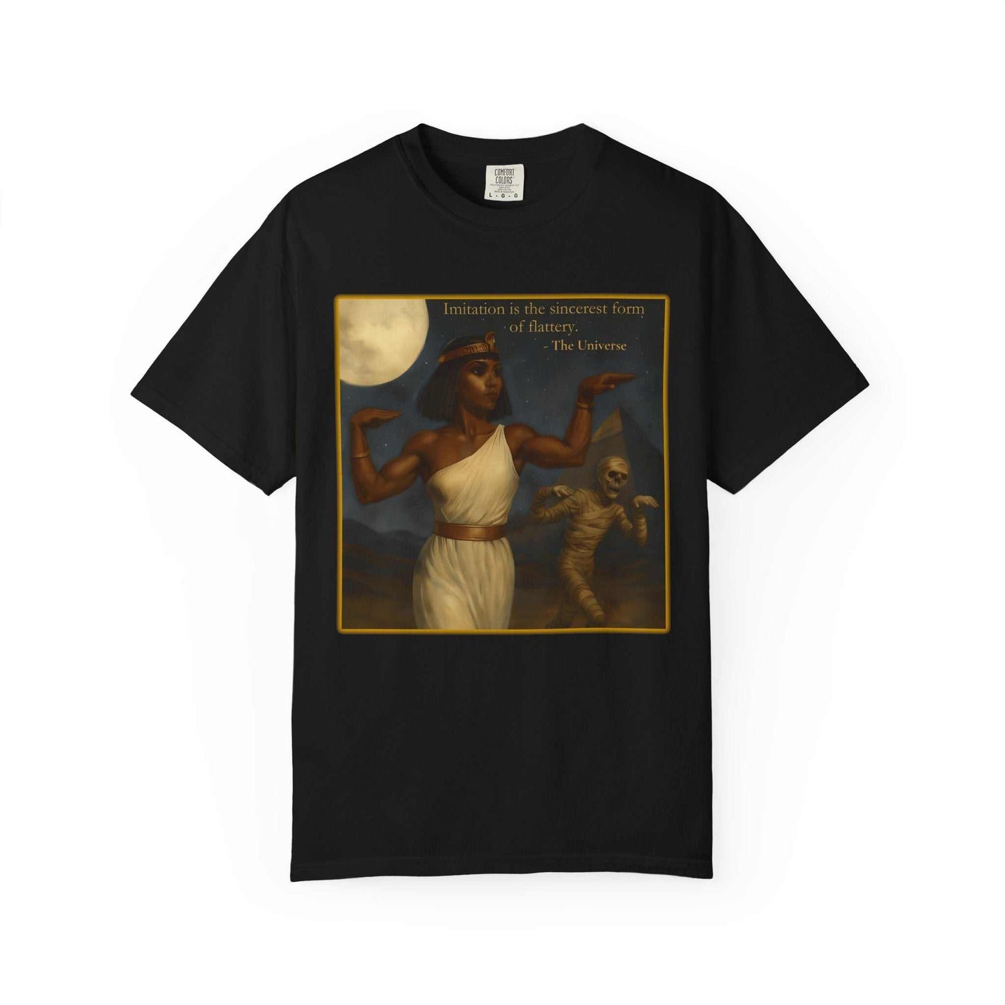 Black Comfort Colors graphic T-shirt with vintage art of an Egyptian scene, moon, and pyramids