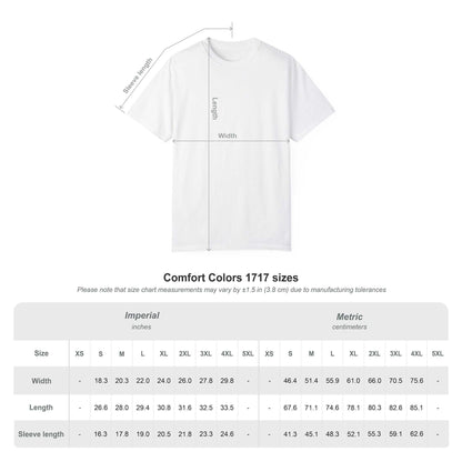 Comfort Colors 1717 t-shirt size chart with width, length, and sleeve measurements in inches and centimeters