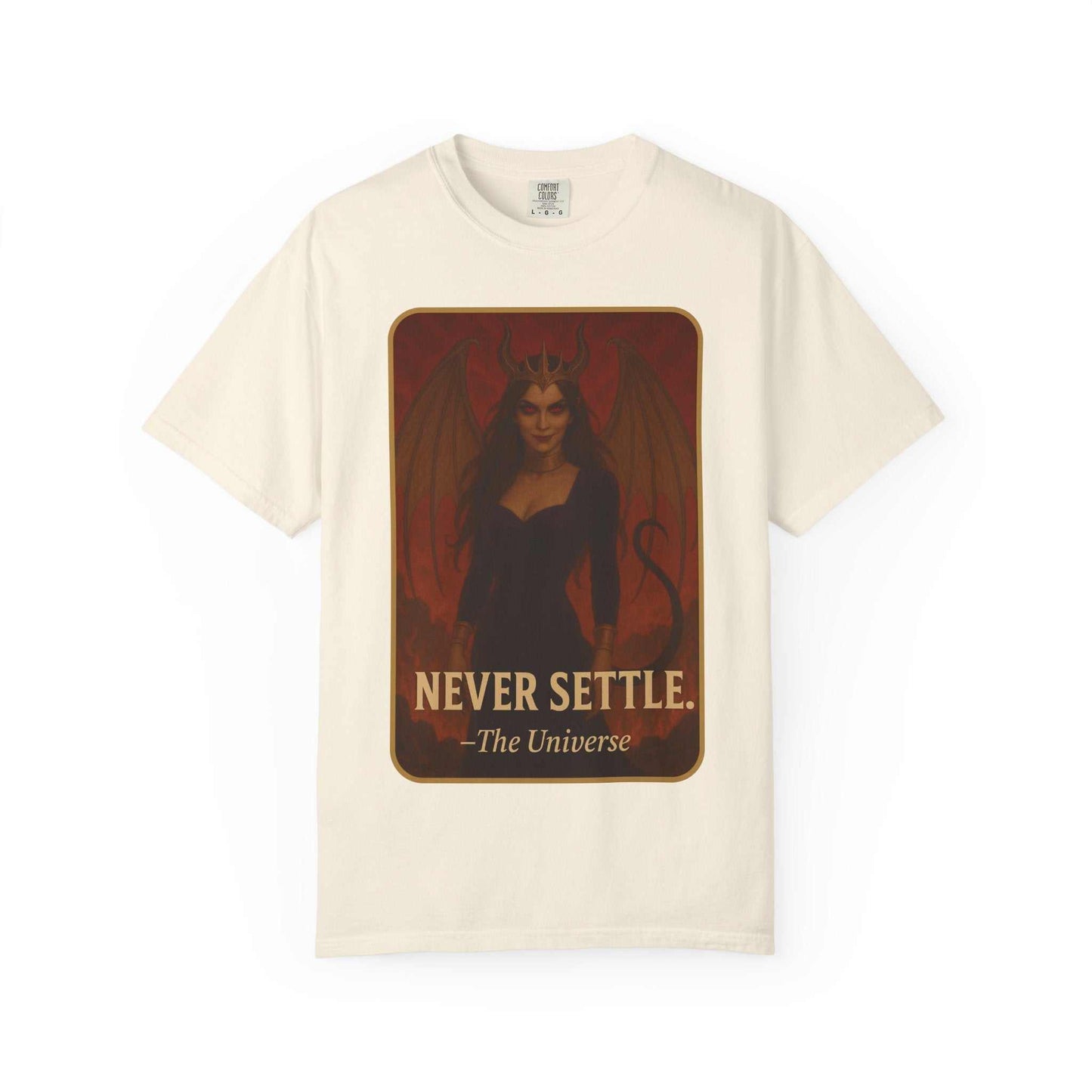 Comfort Colors vintage graphic tee with dark fantasy winged woman and 'Never Settle' text, Youniverses