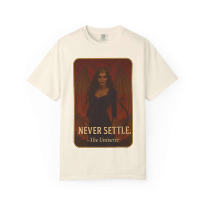 Comfort Colors vintage graphic tee with dark fantasy winged woman and 'Never Settle' text, Youniverses