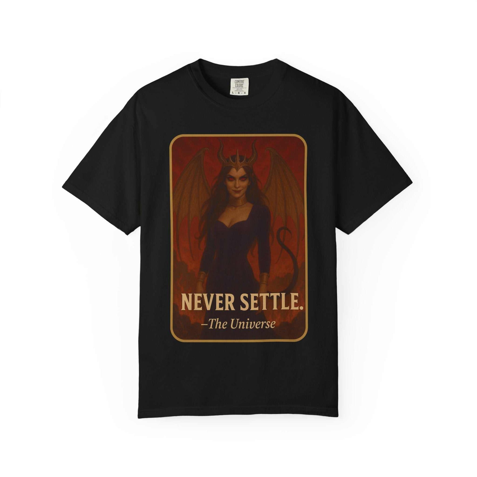 Black Comfort Colors Never Settle graphic tee with winged fantasy woman and vintage artwork