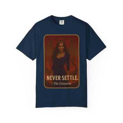 Navy blue Comfort Colors graphic tee with winged woman, 'Never Settle' text, vintage style