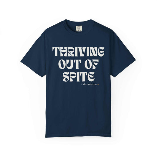 Navy Comfort Colors graphic tee with 'Thriving Out of Spite' text, sold by Youniverses.