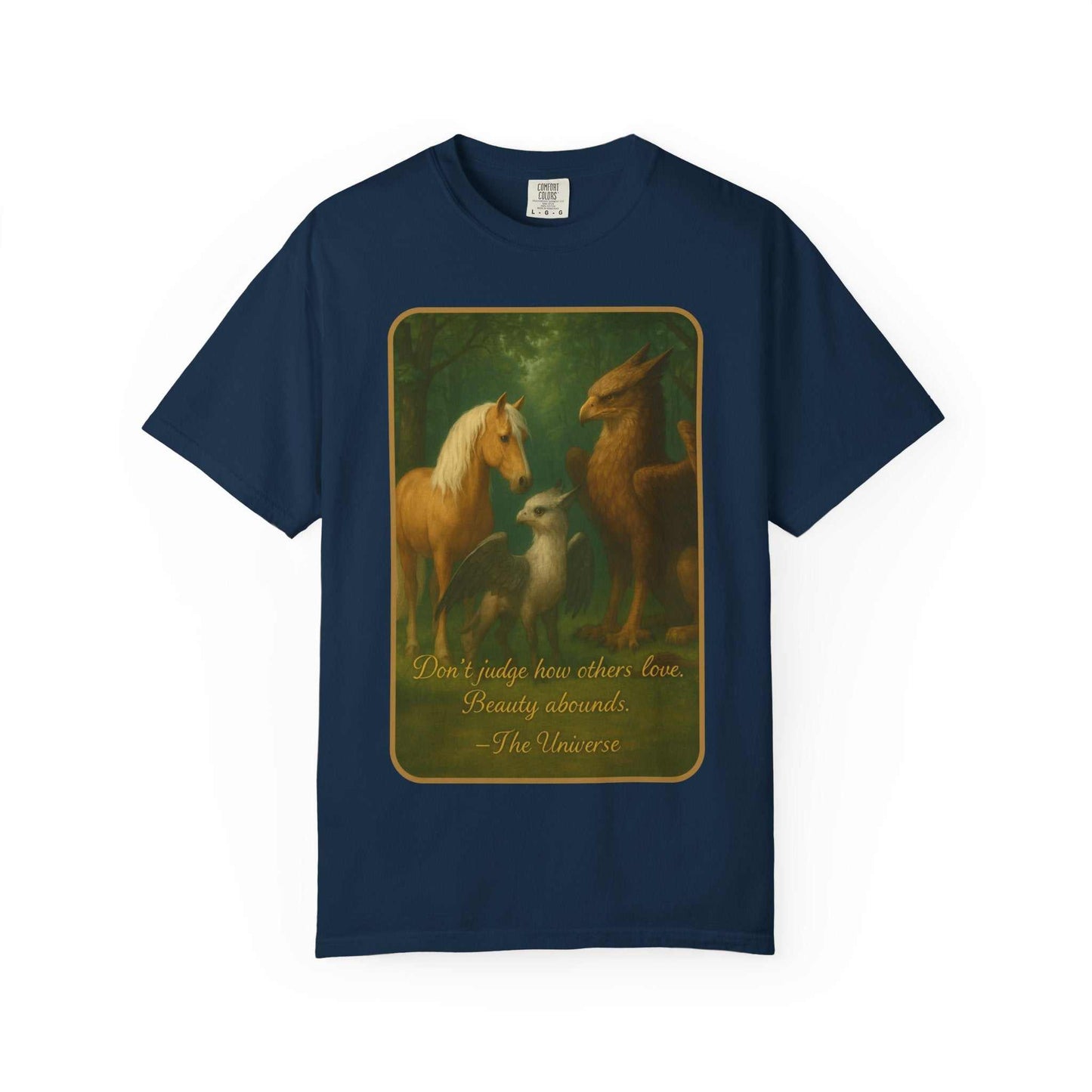 Comfort Colors navy T-shirt with vintage forest animals artwork and uplifting quote