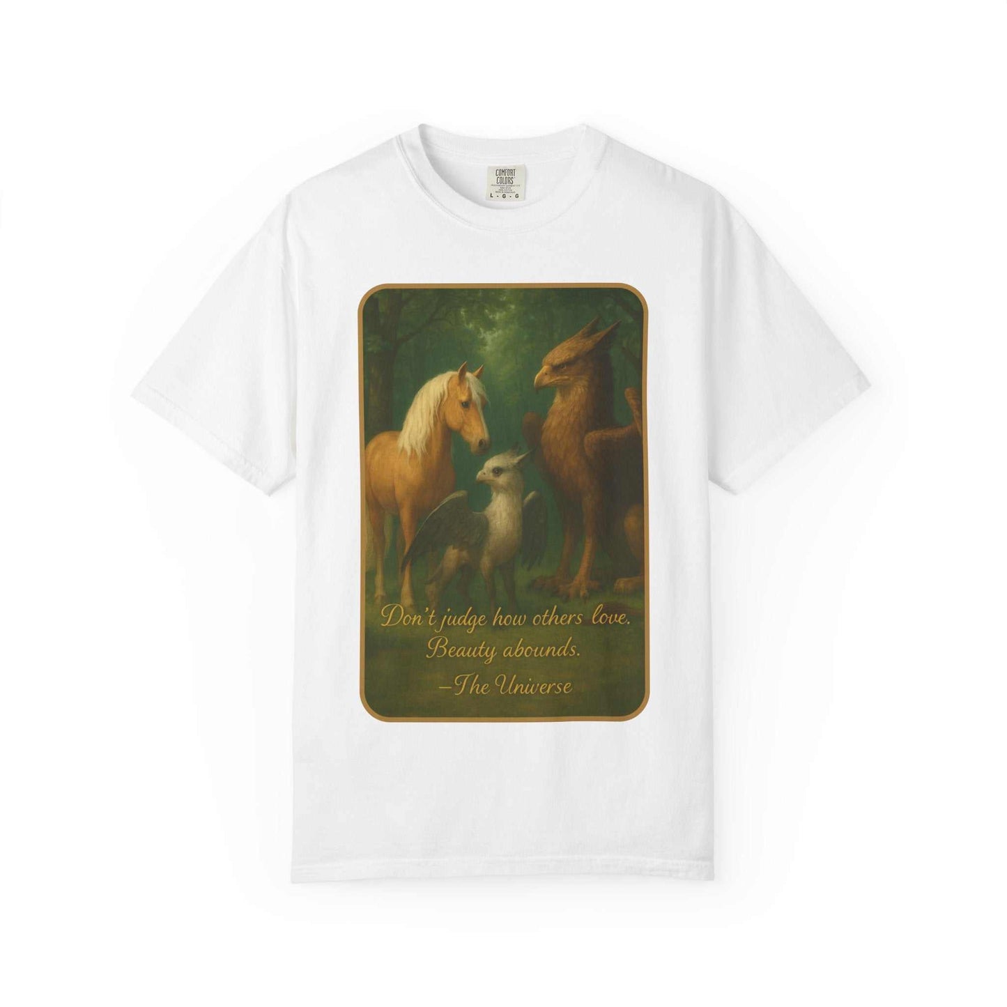 White cotton t-shirt with vintage forest animal art and inspirational quote, Youniverses apparel