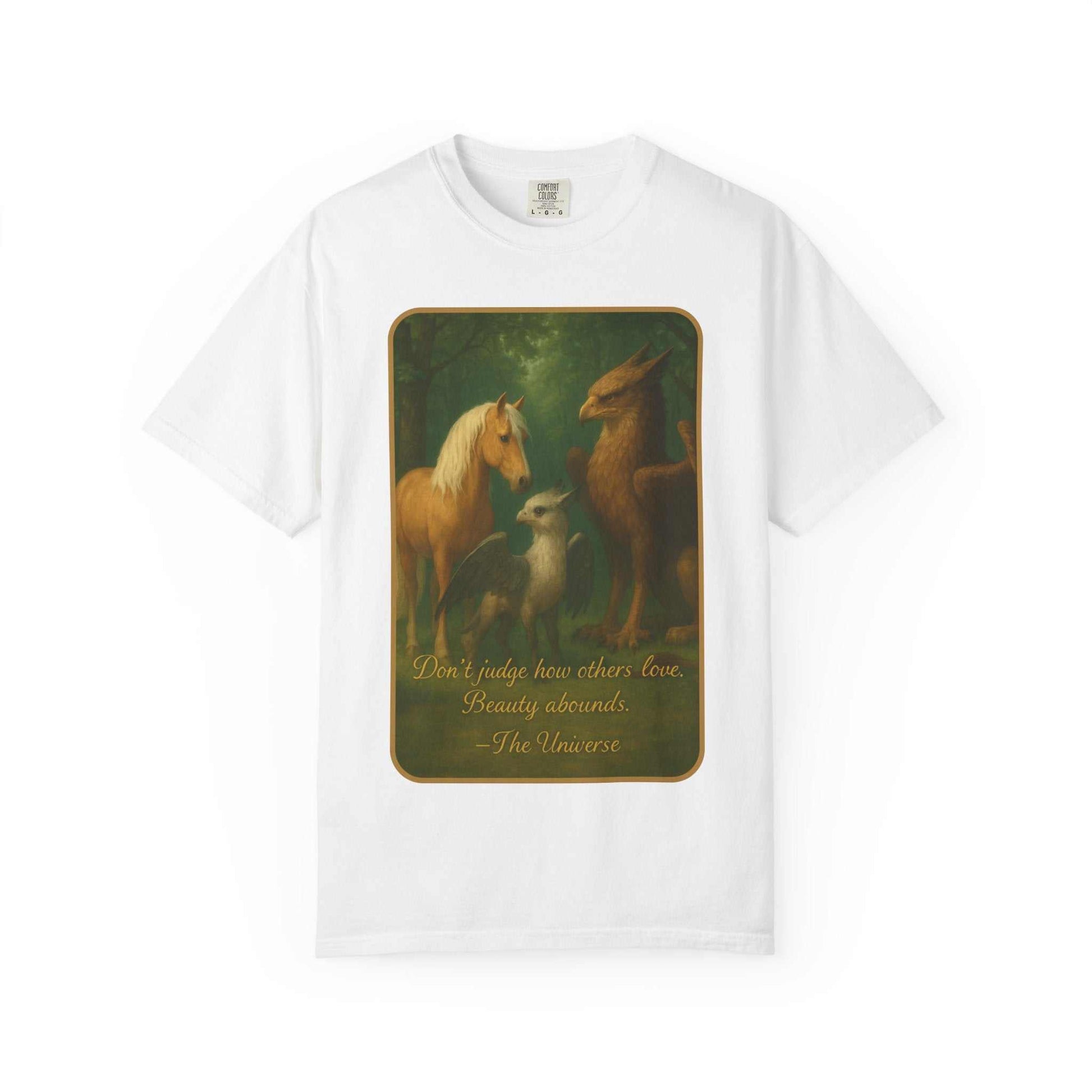 White cotton t-shirt with vintage forest animal art and inspirational quote, Youniverses apparel