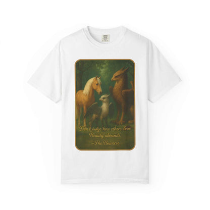 White cotton t-shirt with vintage forest animal art and inspirational quote, Youniverses apparel
