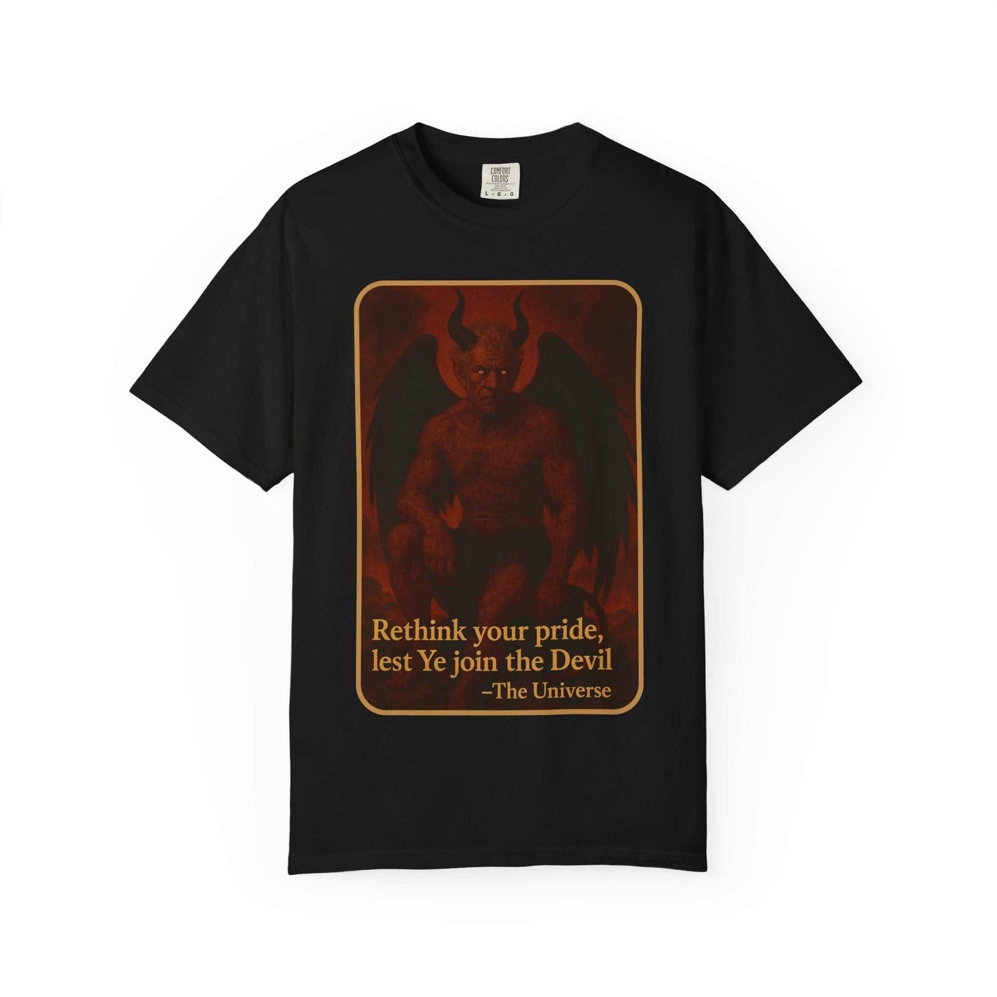 Black graphic t-shirt with red devil illustration and motivational quote, Comfort Colors cotton tee.
