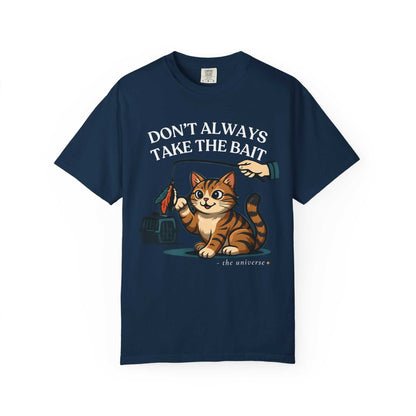 Navy Comfort Colors T-shirt with cartoon cat and 'Don't Always Take the Bait' graphic design