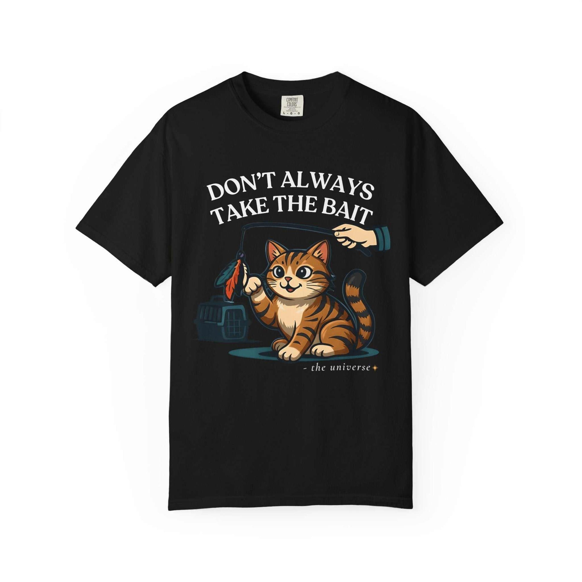 Black cat t-shirt with cute cartoon cat, feather toy, and 'Don't Always Take The Bait' text.