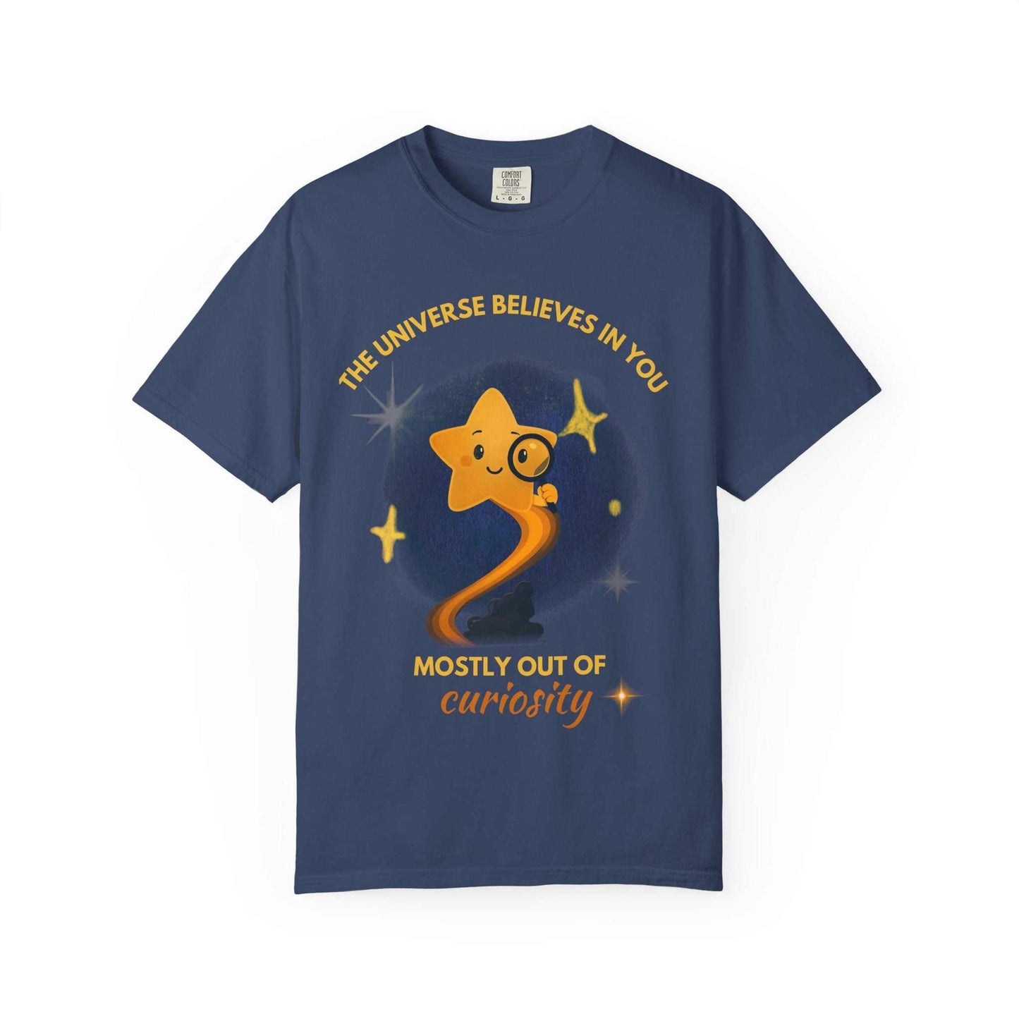 A navy blue t-shirt with a graphic of a star looking through a magnifying glass.