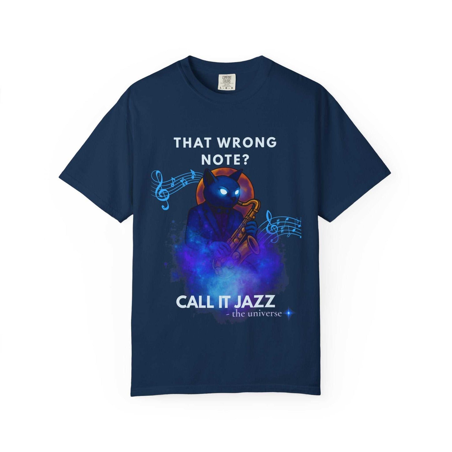 A navy t-shirt with a cat playing a saxophone and the text "That Wrong Note? Call It Jazz".
