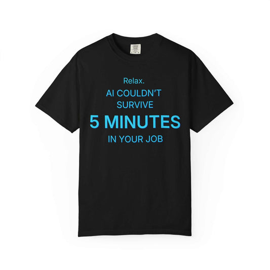 Black Comfort Colors cotton t-shirt with blue funny AI sarcasm text, available at Youniverses