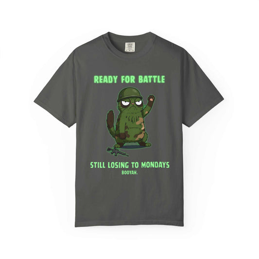 Funny military sloth t-shirt with cartoon sloth in helmet, camo, text ready for battle, Youniverses