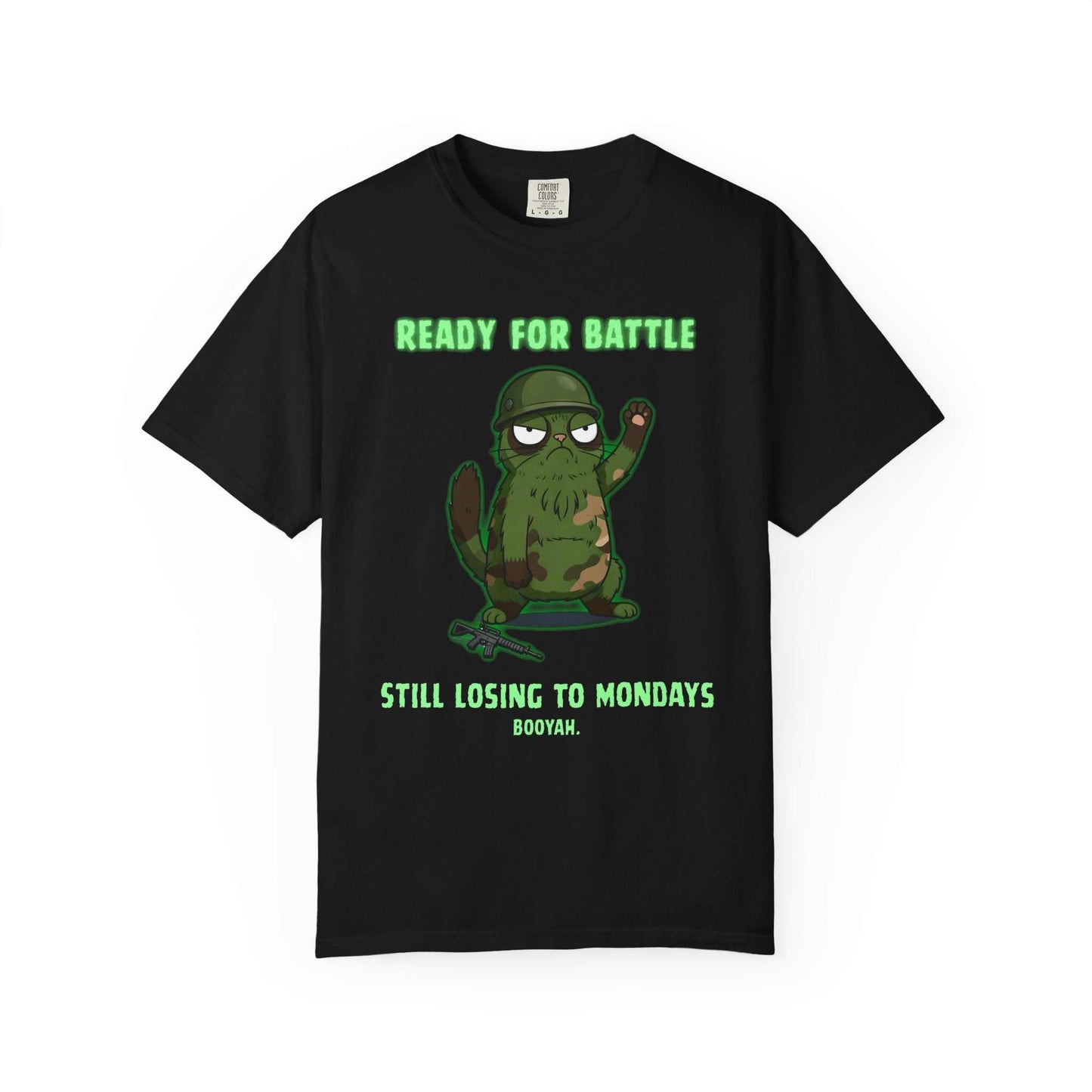 Black graphic tee with cartoon military sloth, helmet, text 'Ready for battle, still losing to Mondays'