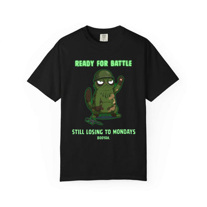 Black graphic tee with cartoon military sloth, helmet, text 'Ready for battle, still losing to Mondays'