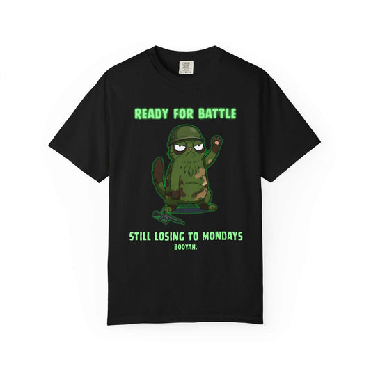 Black graphic tee with cartoon military sloth, helmet, text 'Ready for battle, still losing to Mondays'