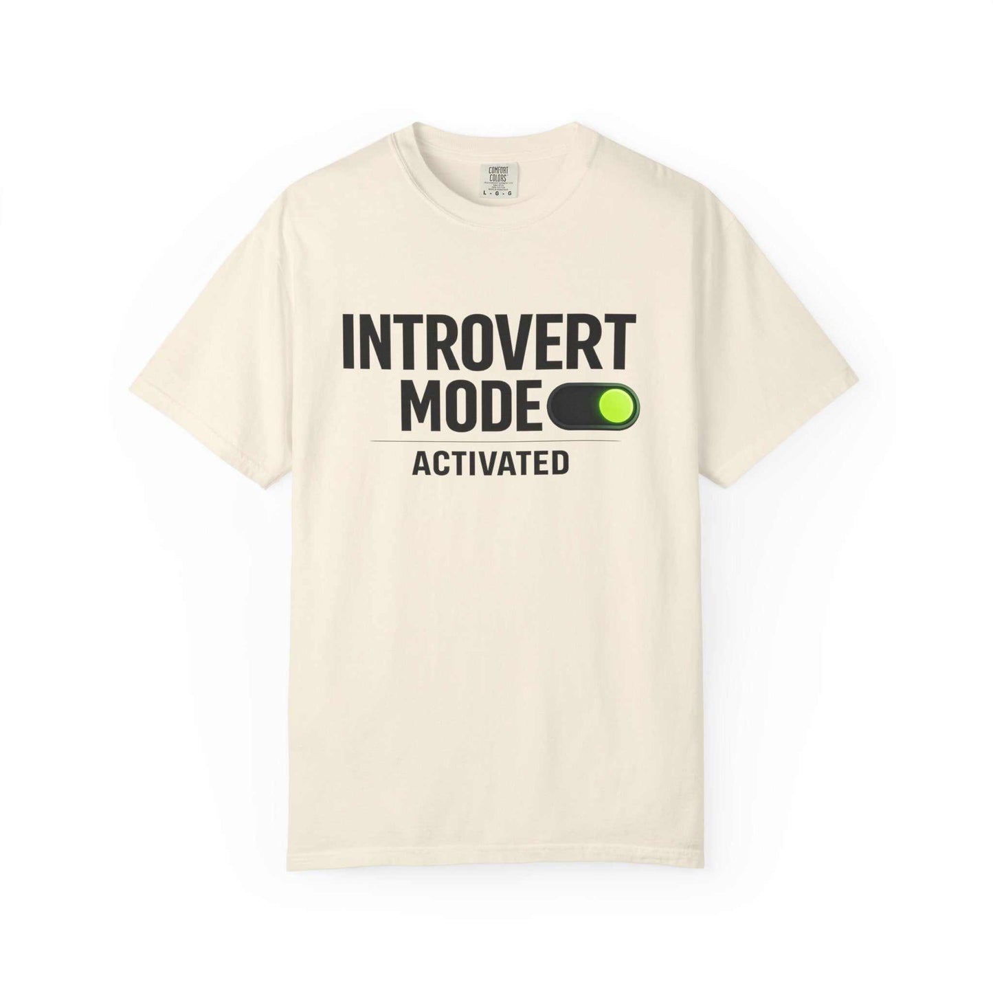 Beige Comfort Colors t-shirt with black text 'Introvert Mode Activated' and green switch graphic