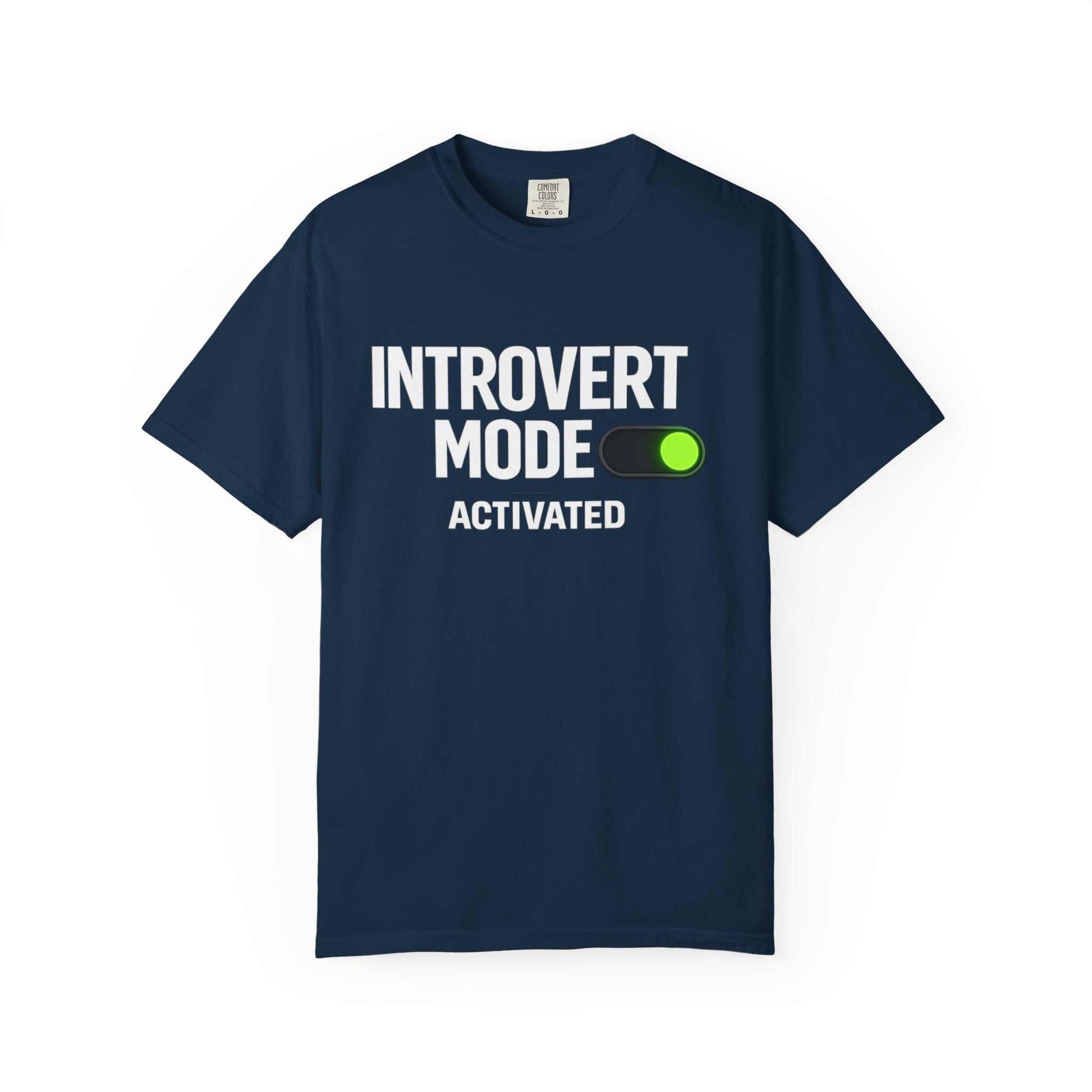 Navy blue comfort colors cotton tee with 'Introvert Mode Activated' text and switch graphic.