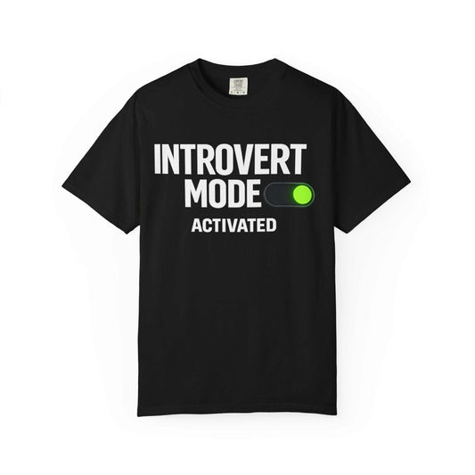 Black cotton t-shirt with 'Introvert Mode Activated' text and green toggle, Youniverses product