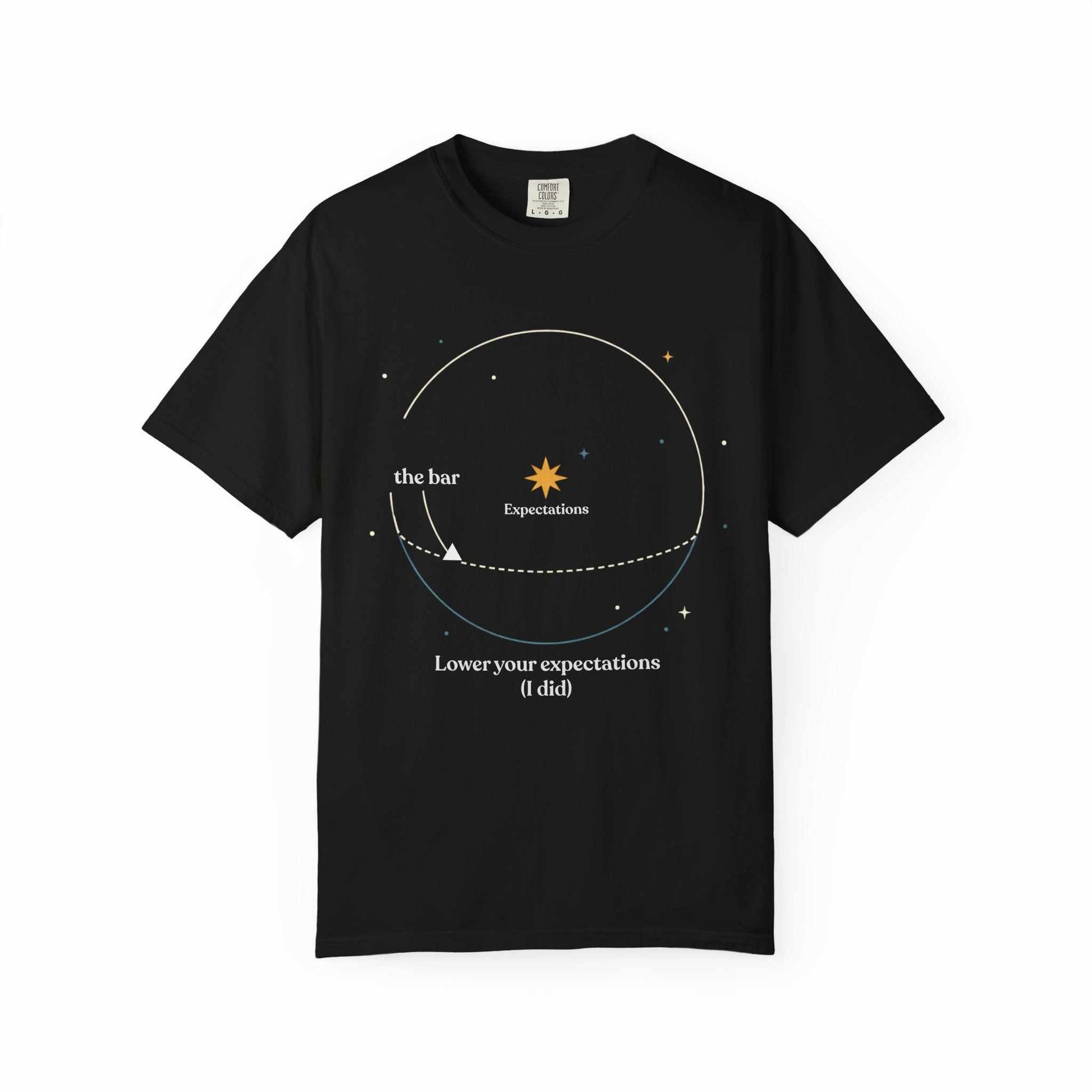 Black astronomy graphic tee with 'Lower Your Expectations' design, Youniverses store